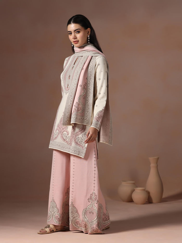 Winter Women Wool Blend Off White & Pink Jacquard Kurta Bell Bottom Dupatta.