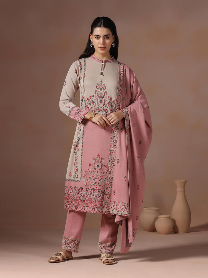 Winter Women Wool Blend Pink Jacquard Kurta Comfort Pant Dupatta.