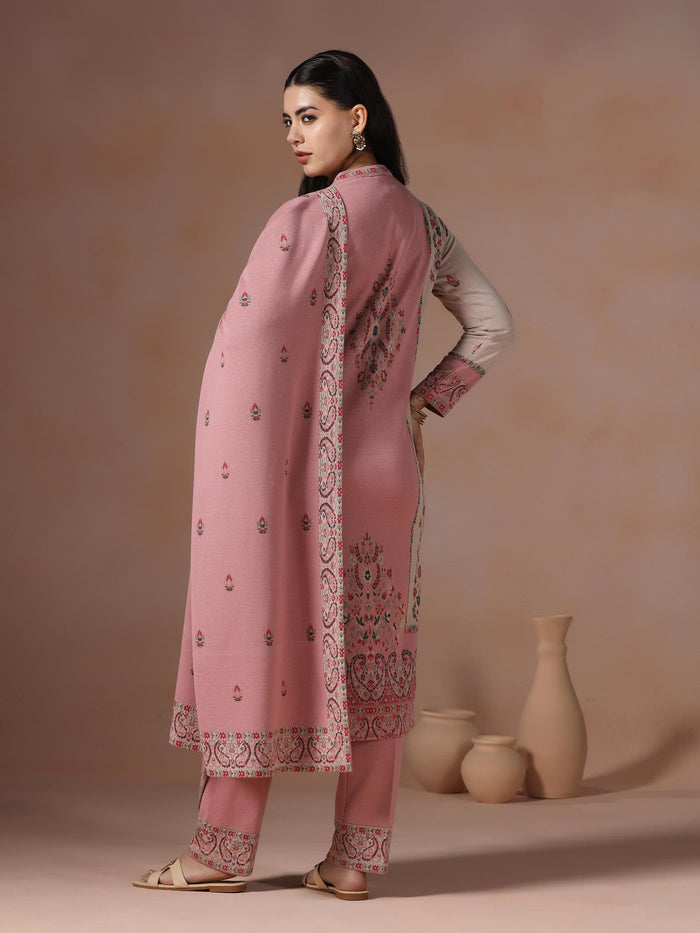 Winter Women Wool Blend Pink Jacquard Kurta Comfort Pant Dupatta.