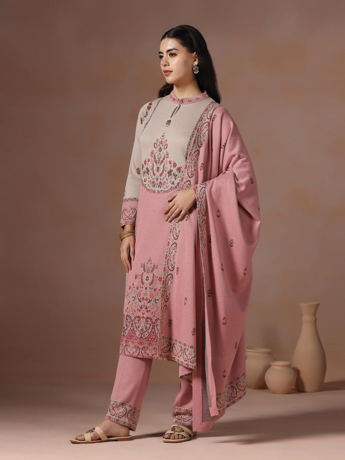 Winter Women Wool Blend Pink Jacquard Kurta Comfort Pant Dupatta.