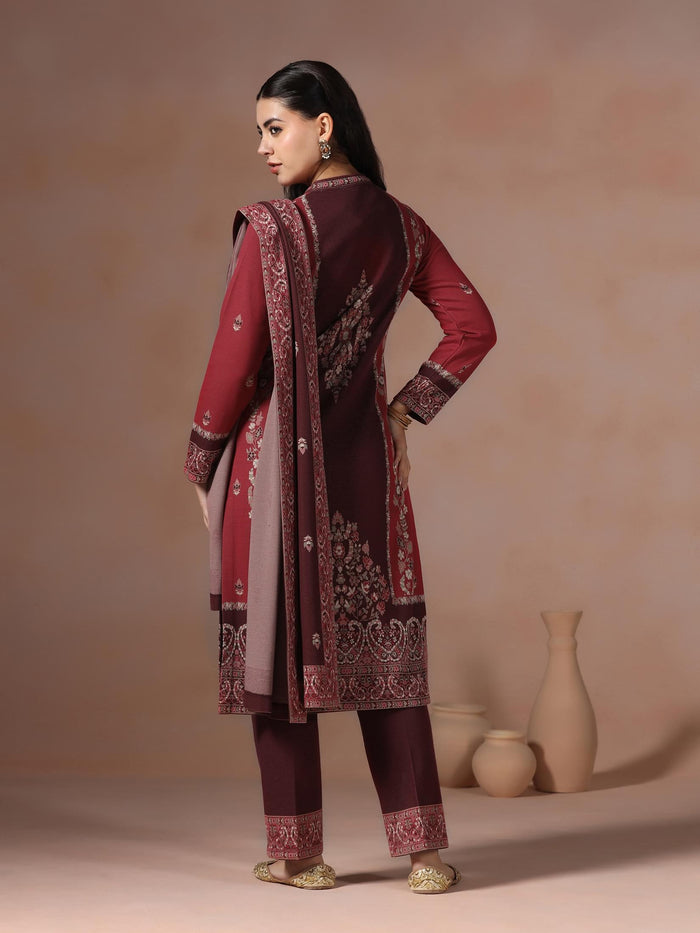 Winter Women Wool Blend Red & Maroon Jacquard Kurta Comfort Pant Dupatta.
