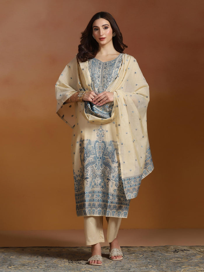 Women Beige Chanderi Jacquard Kurta Comfort Pant Dupatta.