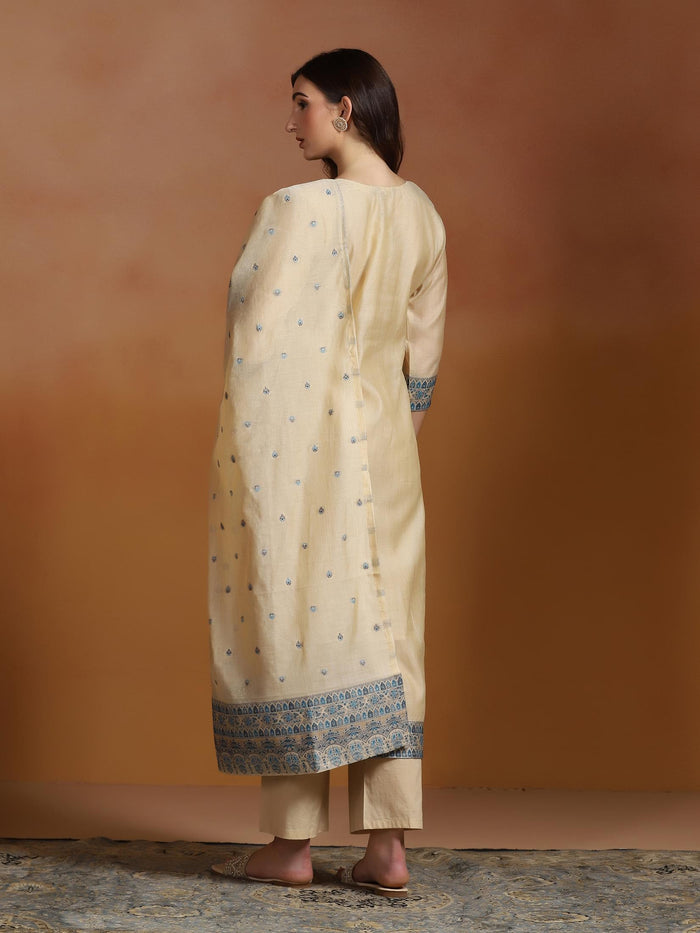 Women Beige Chanderi Jacquard Kurta Comfort Pant Dupatta.