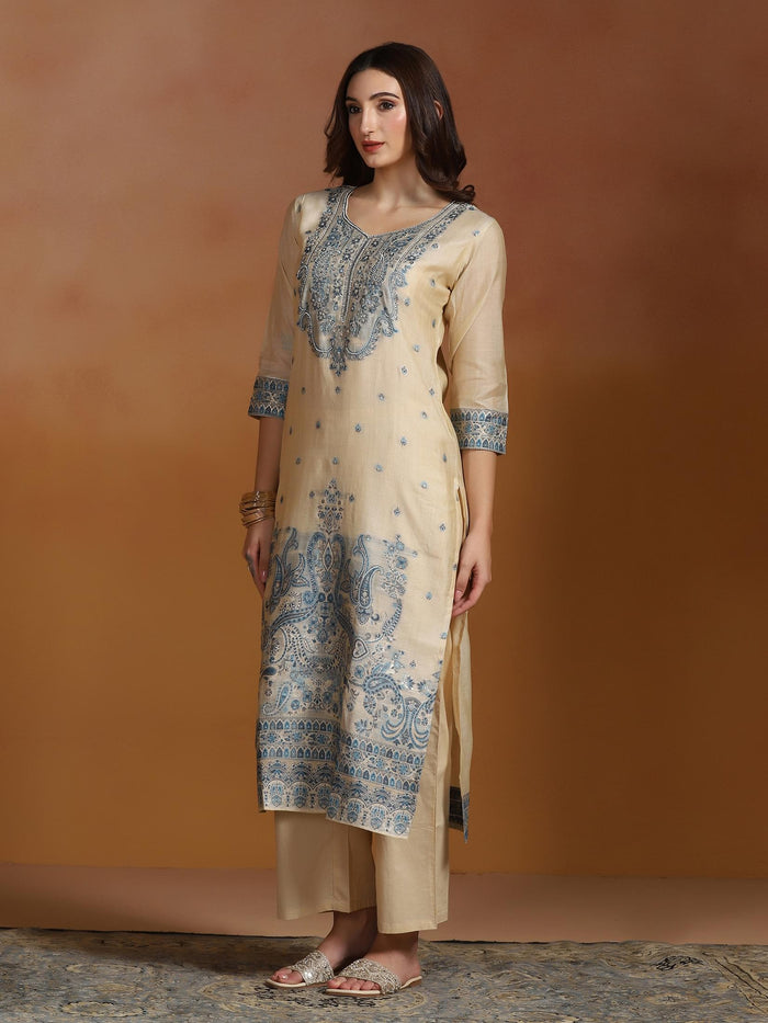 Women Beige Chanderi Jacquard Kurta Comfort Pant Dupatta.