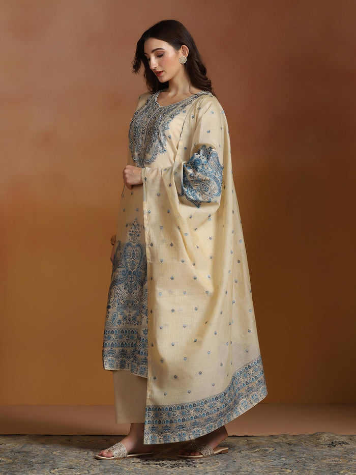 Women Beige Chanderi Jacquard Kurta Comfort Pant Dupatta.