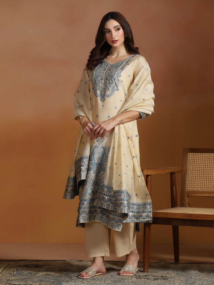 Women Beige Chanderi Jacquard Kurta Comfort Pant Dupatta.