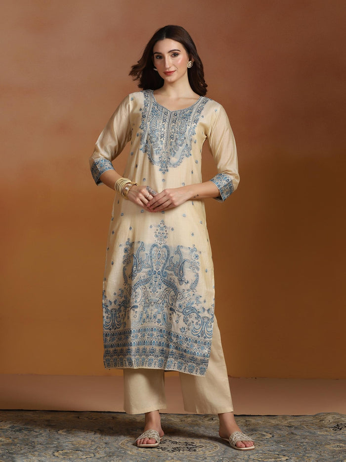 Women Beige Chanderi Jacquard Kurta Comfort Pant Dupatta.