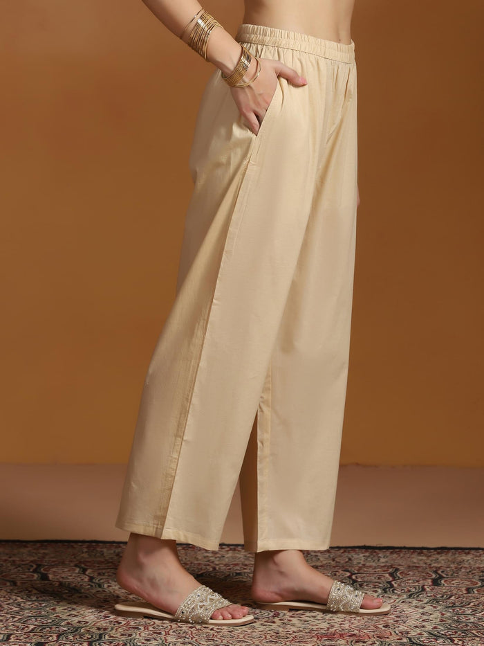 Women Beige Chanderi Jacquard Kurta Comfort Pant Dupatta.