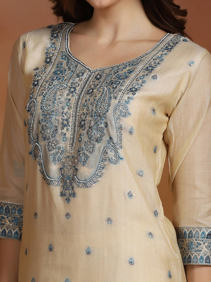 Women Beige Chanderi Jacquard Kurta Comfort Pant Dupatta.