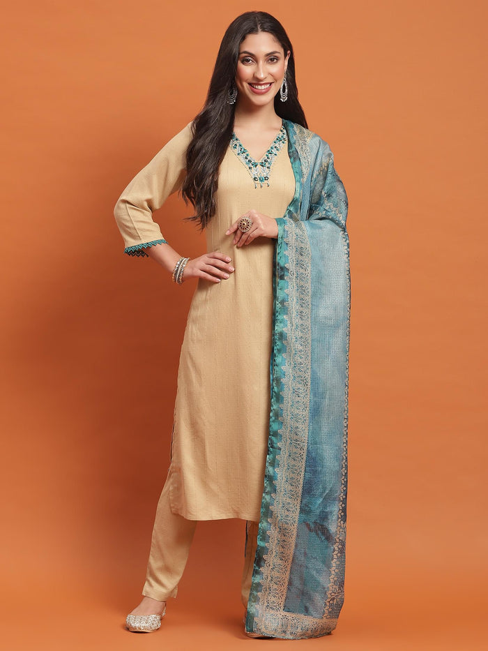Women Beige Embroidered Kurta Trouser Dupatta.