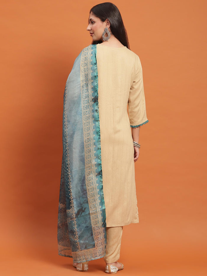 Women Beige Embroidered Kurta Trouser Dupatta.