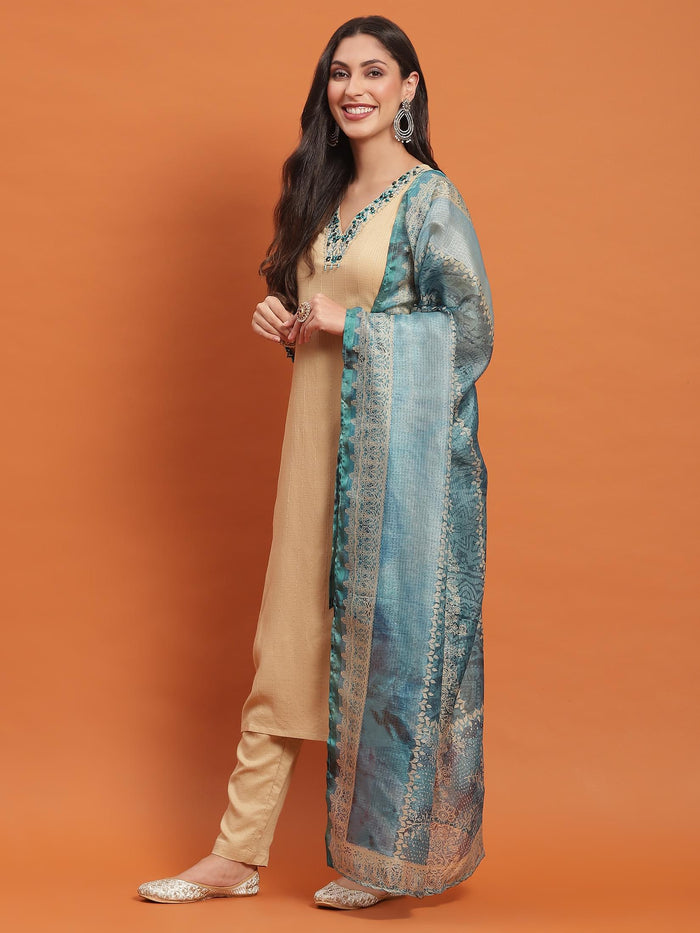 Women Beige Embroidered Kurta Trouser Dupatta.