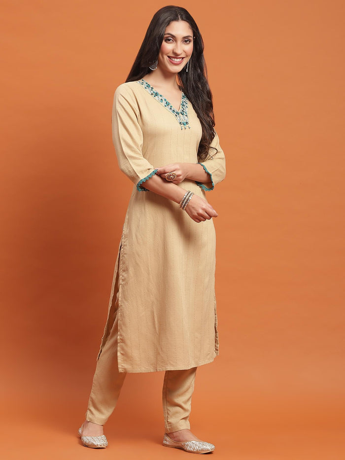 Women Beige Embroidered Kurta Trouser Dupatta.