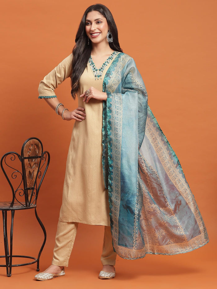 Women Beige Embroidered Kurta Trouser Dupatta.