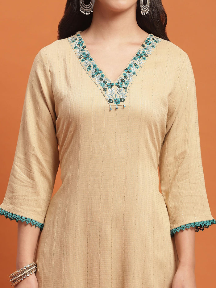 Women Beige Embroidered Kurta Trouser Dupatta.