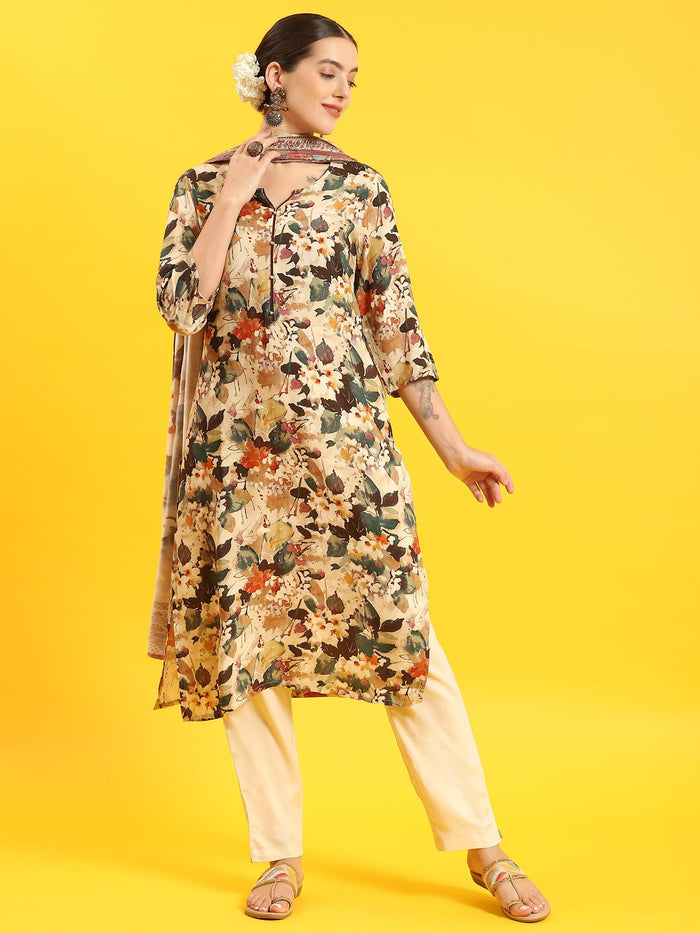 Women Beige Floral Print Kurta Trouser Dupatta.