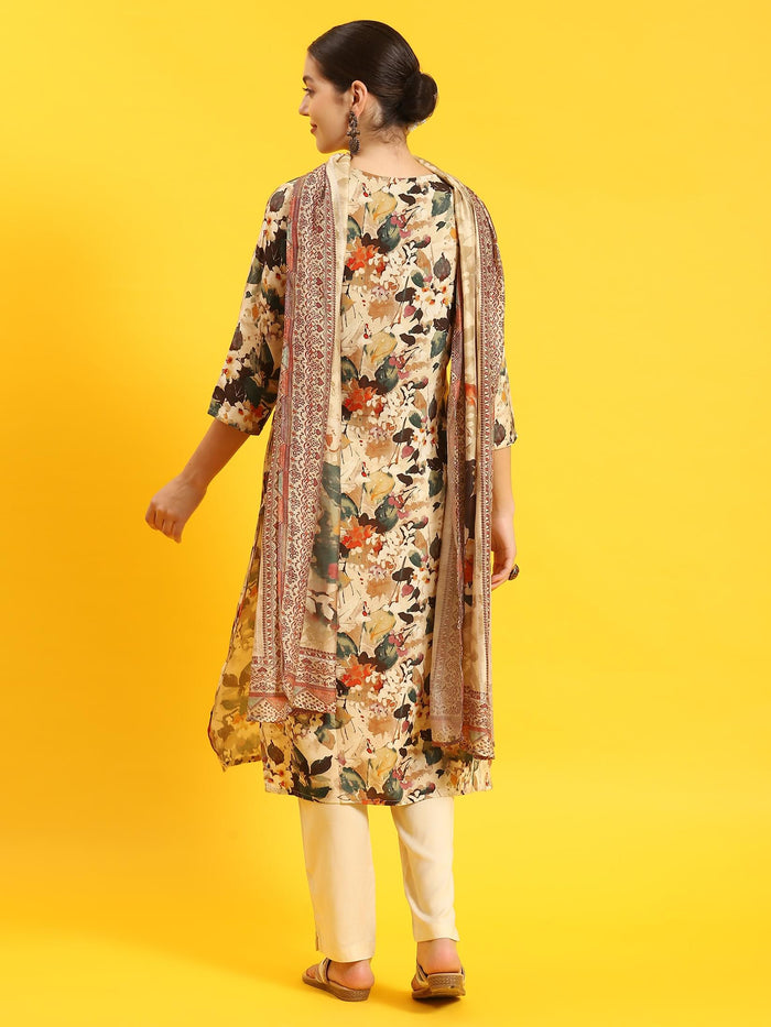 Women Beige Floral Print Kurta Trouser Dupatta.
