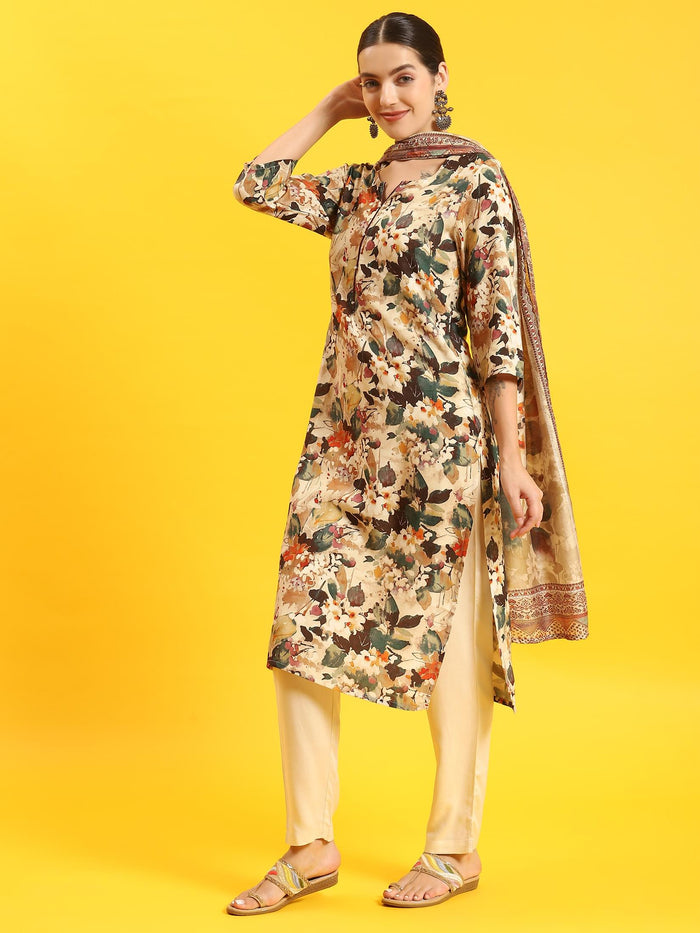 Women Beige Floral Print Kurta Trouser Dupatta.