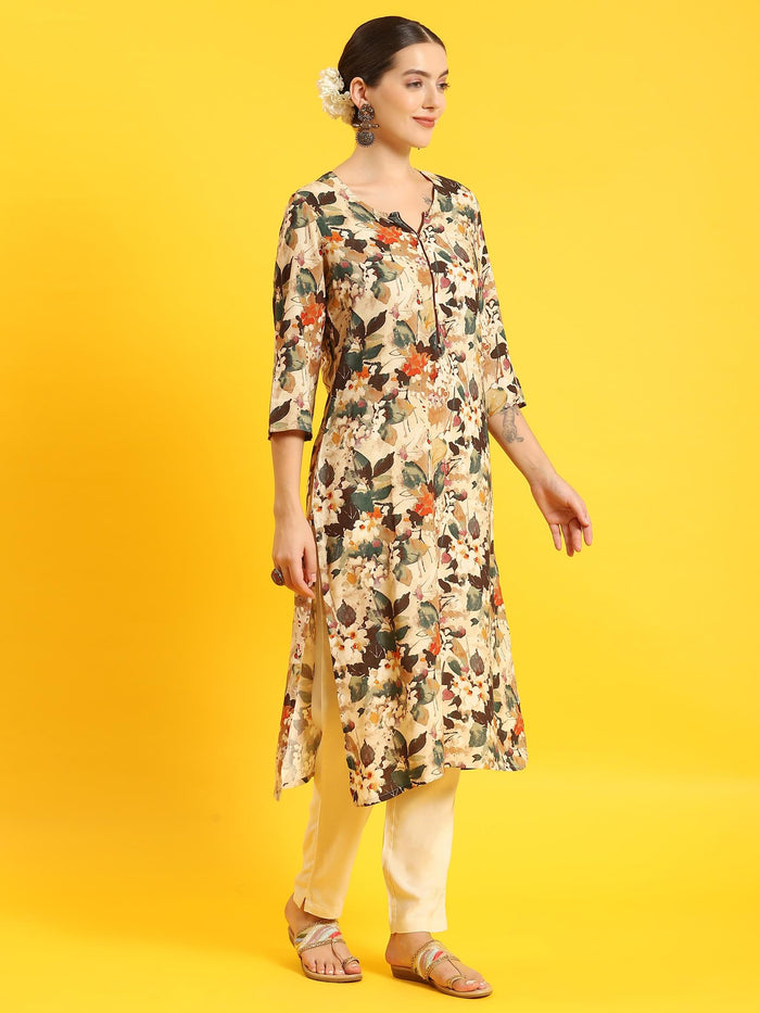 Women Beige Floral Print Kurta Trouser Dupatta.