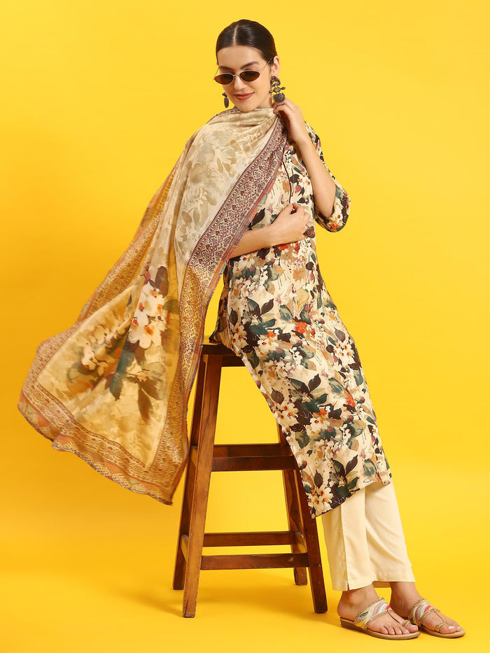 Women Beige Floral Print Kurta Trouser Dupatta.