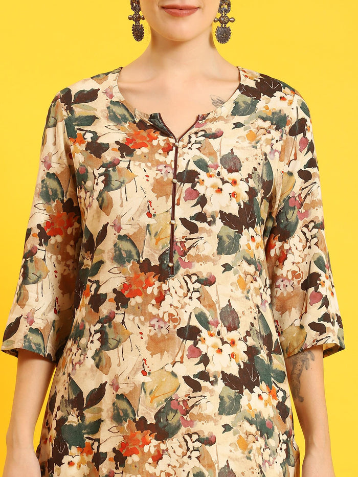 Women Beige Floral Print Kurta Trouser Dupatta.