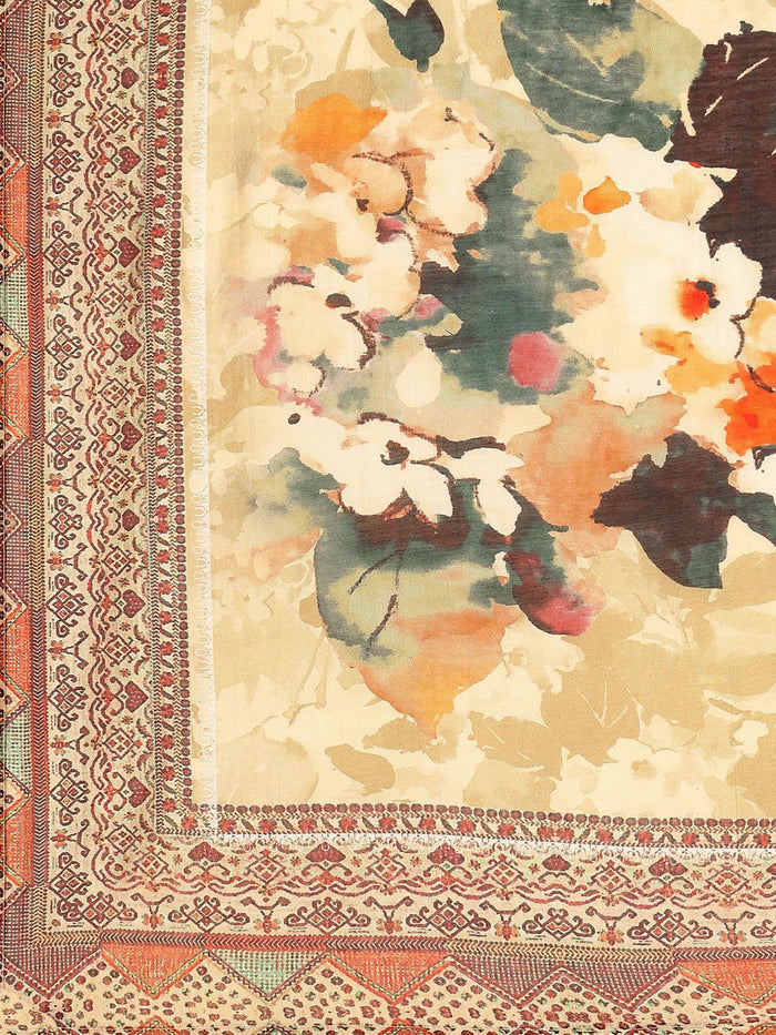 Women Beige Floral Print Kurta Trouser Dupatta.