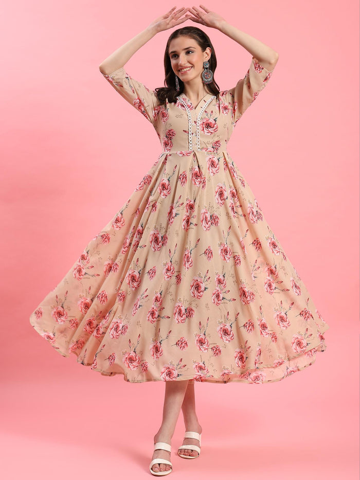 Women Beige Floral Printed Dress.