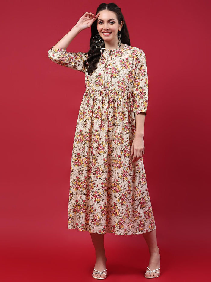 Women Beige Floral Printed Dress.