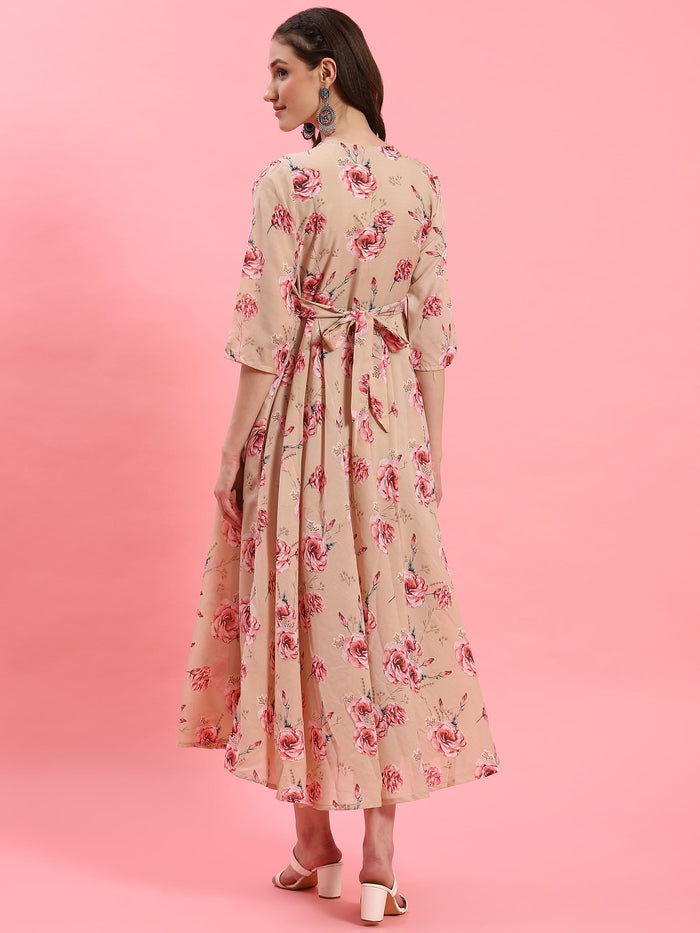 Women Beige Floral Printed Dress.