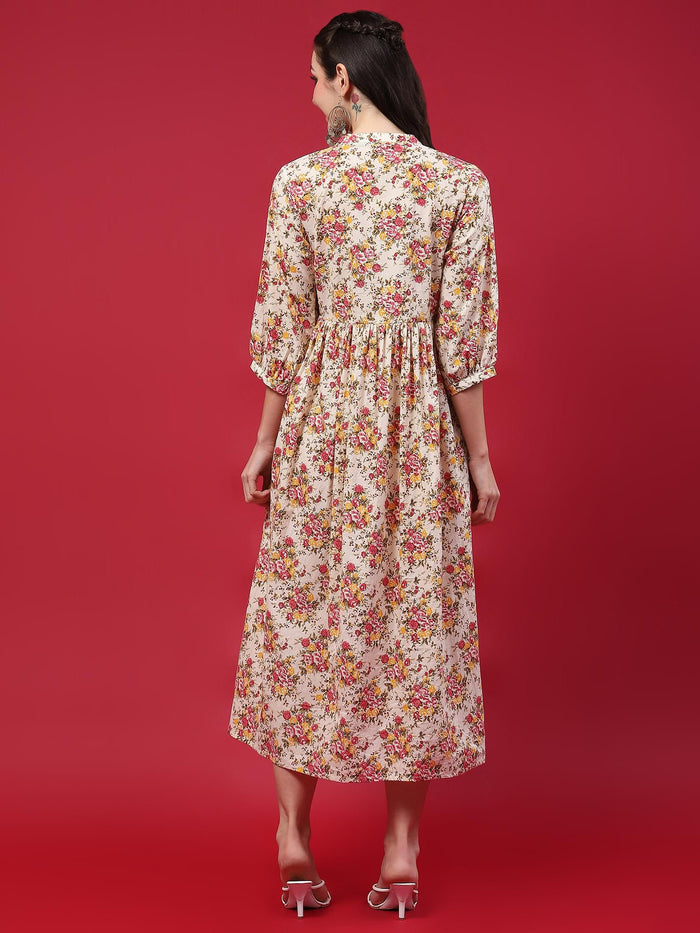 Women Beige Floral Printed Dress.
