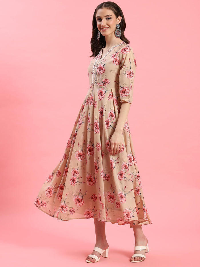 Women Beige Floral Printed Dress.