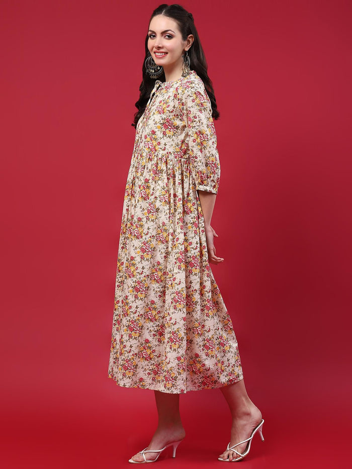 Women Beige Floral Printed Dress.