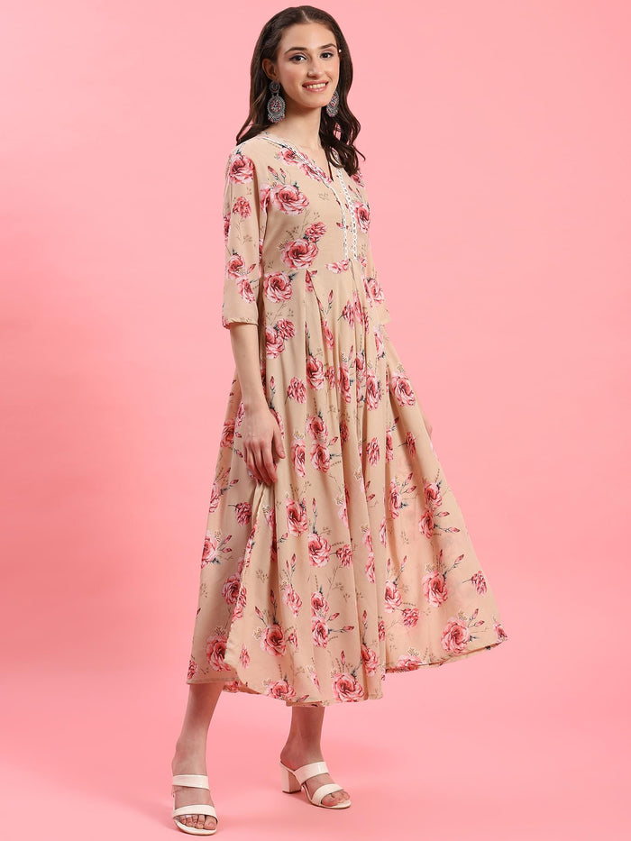 Women Beige Floral Printed Dress.
