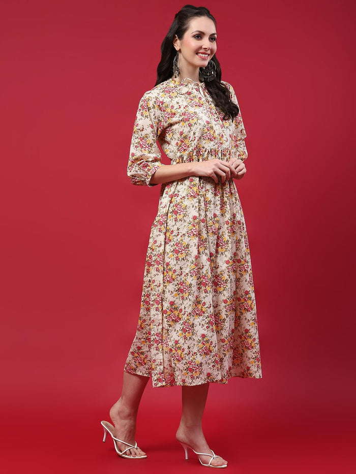 Women Beige Floral Printed Dress.