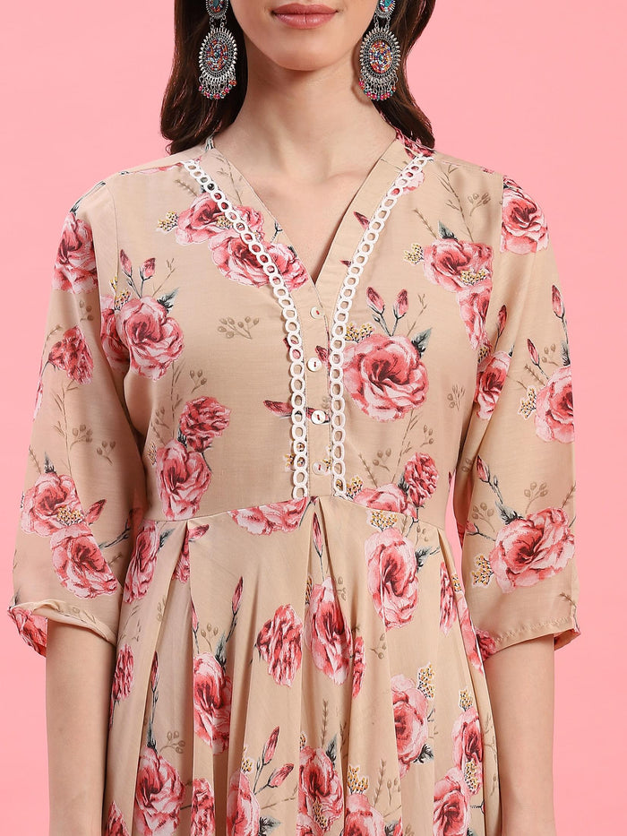 Women Beige Floral Printed Dress.