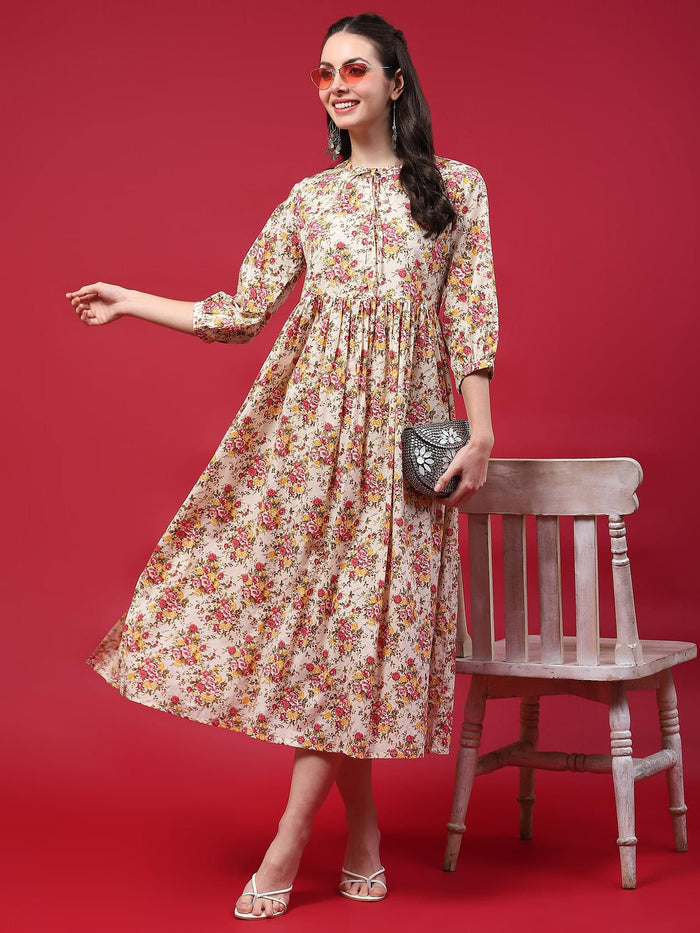 Women Beige Floral Printed Dress.