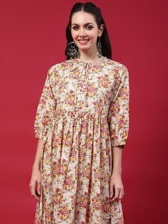 Women Beige Floral Printed Dress.