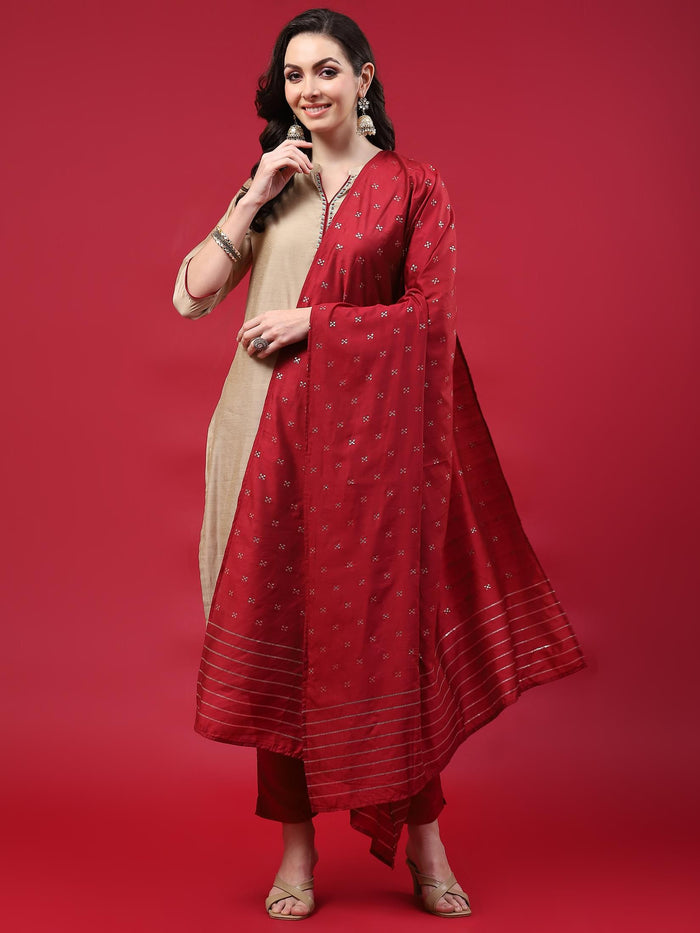 Women Beige Solid Kurta Trouser Dupatta.