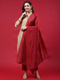 Women Beige Solid Kurta Trouser Dupatta.