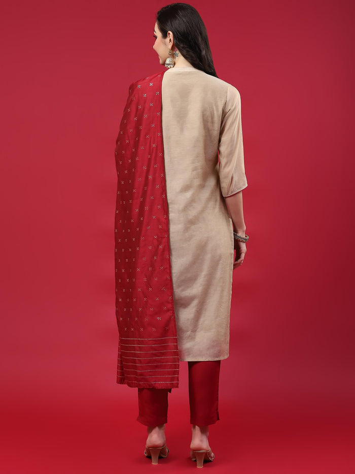 Women Beige Solid Kurta Trouser Dupatta.