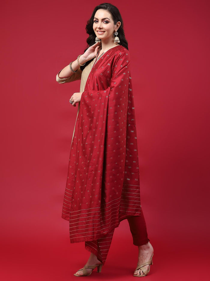 Women Beige Solid Kurta Trouser Dupatta.
