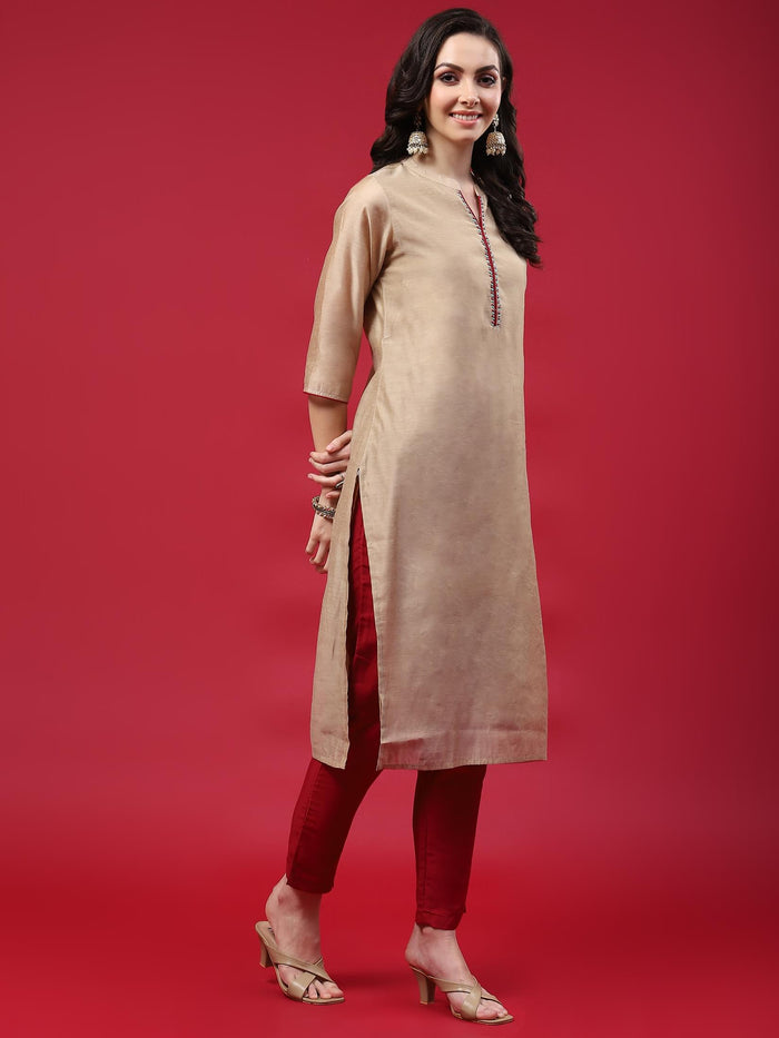 Women Beige Solid Kurta Trouser Dupatta.