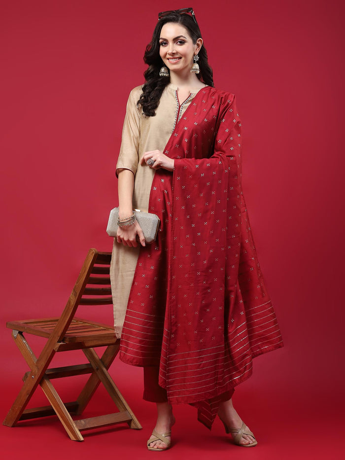 Women Beige Solid Kurta Trouser Dupatta.
