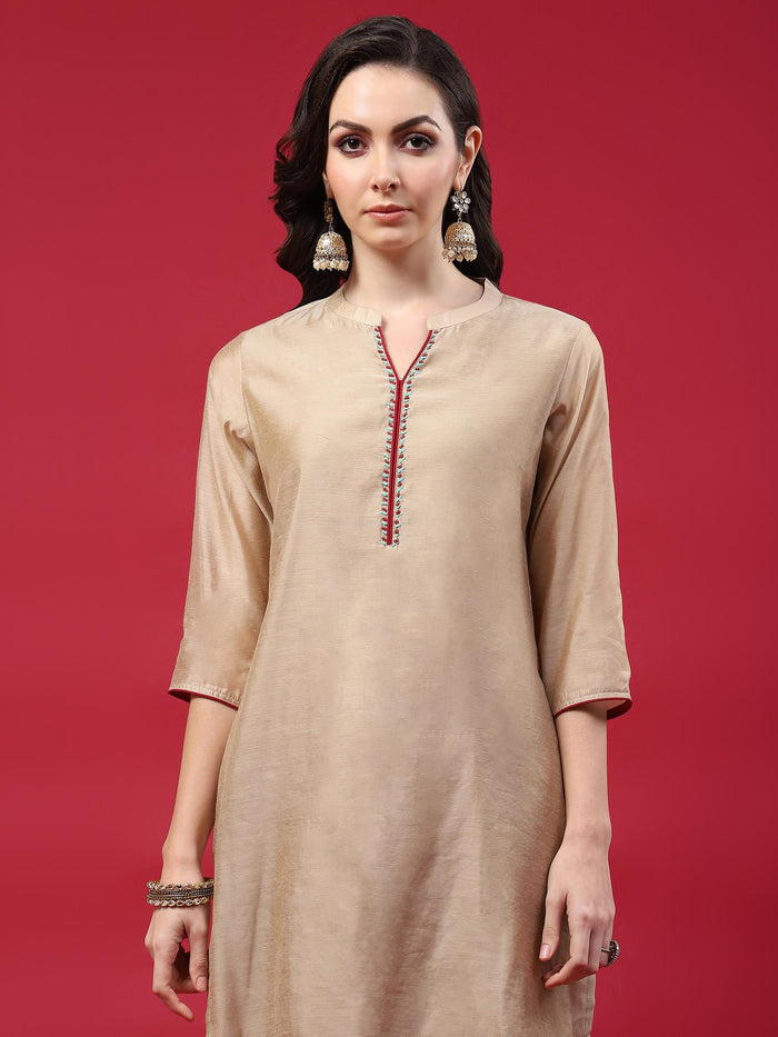 Women Beige Solid Kurta Trouser Dupatta.