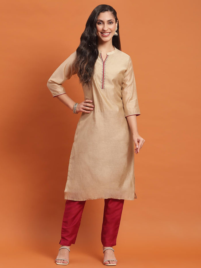 Women Beige Solid Kurta With Trouser.