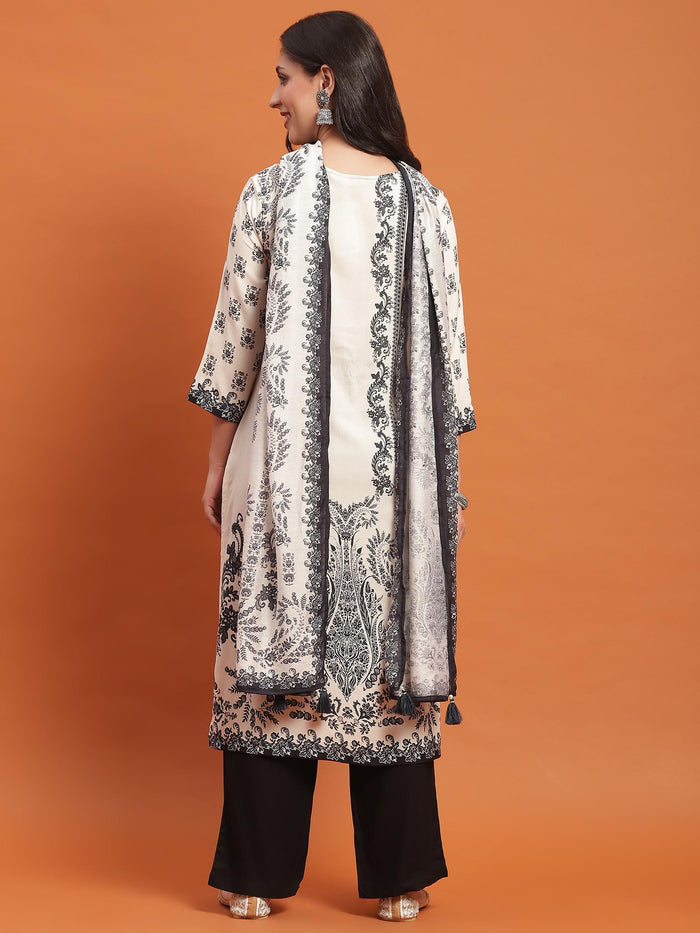 Women Black Floral Print Kurta Comfort Pant Dupatta.
