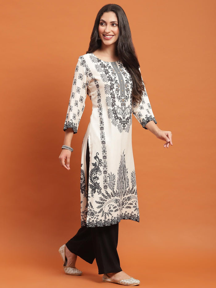 Women Black Floral Print Kurta Comfort Pant Dupatta.