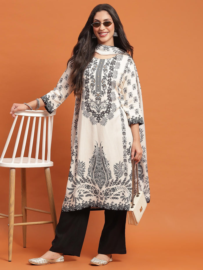 Women Black Floral Print Kurta Comfort Pant Dupatta.