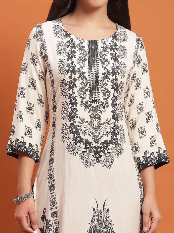 Women Black Floral Print Kurta Comfort Pant Dupatta.