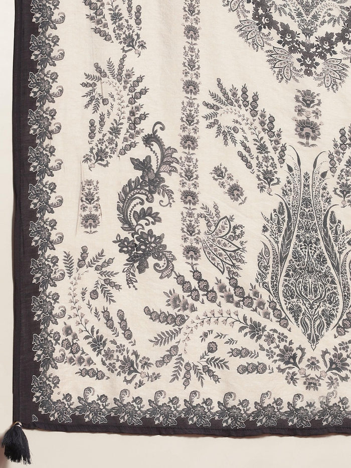 Women Black Floral Print Kurta Comfort Pant Dupatta.